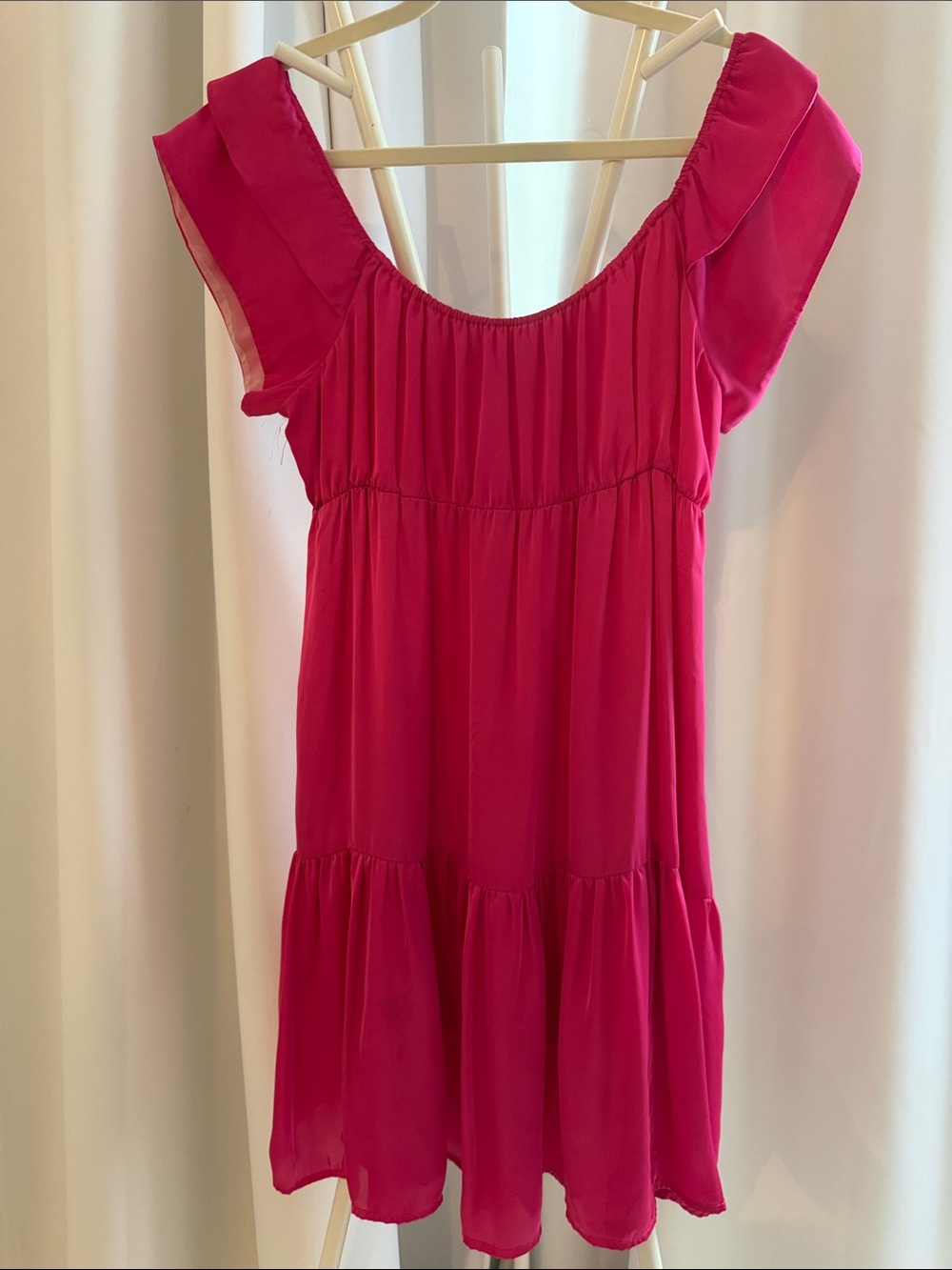 Women’s Hot Pink Off Sholuder Flutter-Sleeve Satin Dress
